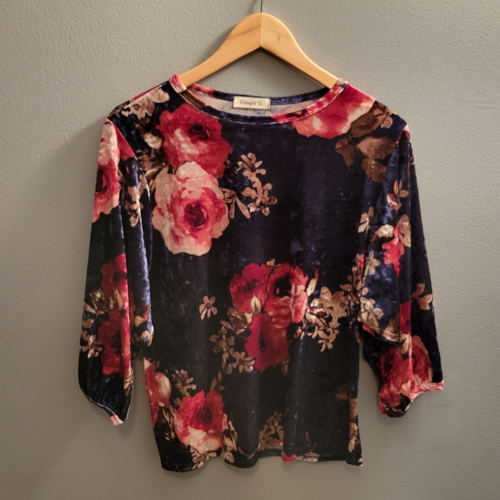 Ginger G Floral Navy Velvet Top